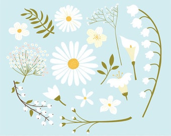 White flowers clip art images,  white flowers vector, royalty free clip art- Instant Download
