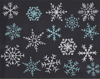 Może przedstawiać: Zestaw 15 białych i niebieskich śnieżynek narysowanych kredą na czarnej tablicy. Tekst "Chalk Snowflakes" znajduje się w górnej części obrazu. Tekst "{commercial use clip art}" znajduje się w prawym górnym rogu. Tekst "{PNG and ABR}" znajduje się w lewym dolnym rogu. Tekst "Clementine" znajduje się w prawym dolnym rogu.
