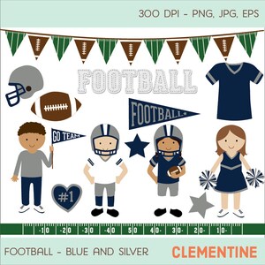 Puede incluir: Un conjunto de im&aacute;genes de clipart con tem&aacute;tica de f&uacute;tbol azul y plateado. El conjunto incluye un casco de f&uacute;tbol, un bal&oacute;n de f&uacute;tbol, una camiseta de f&uacute;tbol, una animadora, dos jugadores de f&uacute;tbol, un bander&iacute;n, una pancarta, una estrella y un coraz&oacute;n con el n&uacute;mero uno. El texto "GO TEAM" y "FOOTBALL" est&aacute; incluido en la imagen.