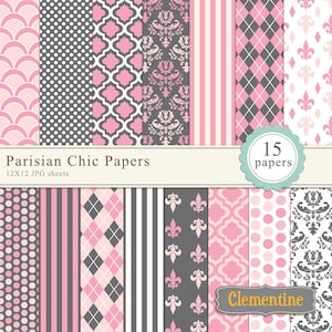 May include: A set of 15 digital papers in pink and gray with various patterns, including polka dots, stripes, and geometric designs. The papers are 12x12 inches and are perfect for scrapbooking, card making, and other crafting projects. The text "Parisian Chic Papers" and "Clementine" are also included in the image.