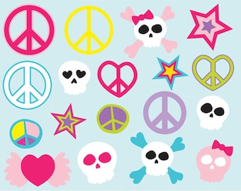 Tween clip art images,  skull clipart, peace sign clip art, royalty free clip art-- Instant Download