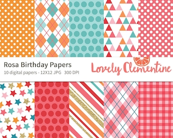 Rosa birthday papers 12x12,  birthday digital papers, royalty free- Instant Download