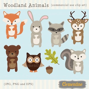 May include: A set of woodland animal clip art featuring a fox, rabbit, raccoon, deer, bear, owl, squirrel, acorn, and leaf. The animals are all cartoon-style and have a cute, friendly look. The colors are bright and cheerful, and the images are perfect for use in a variety of projects.