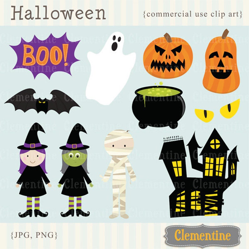May include: A set of Halloween clip art images featuring a ghost, a bat, a witch, a mummy, a haunted house, a cauldron, pumpkins, and eyes. The images are in a cartoon style and are perfect for use in digital scrapbooking, card making, and other craft projects.