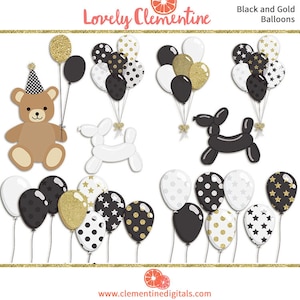 Black and gold birthday clip art images,  balloon clip art,  party clip art, instant download