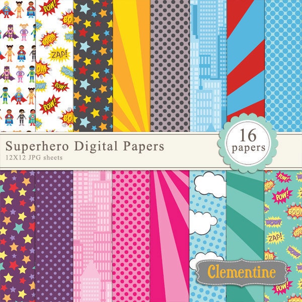 Superhero scrapbook paper 12x12, comic book digital scrapbooking paper, royalty free- Instant Download