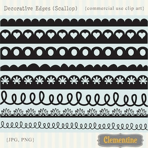 May include: A set of eight black and white decorative edges, featuring scalloped, heart, circle, floral, and wavy designs. The edges are on a light blue background with white stripes. The text "Decorative Edges (Scallop)" and "{commercial use clip art}" is at the top of the image. The text "{JPG, PNG}" is at the bottom left of the image. The text "Clementine" is at the bottom right of the image.