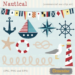 May include: A set of nautical themed clip art images, including a sailboat, anchor, compass, steering wheel, starfish, life preserver, rope, seagull, and lighthouse. The images are in a cartoon style and are perfect for use in scrapbooking, card making, or other craft projects.