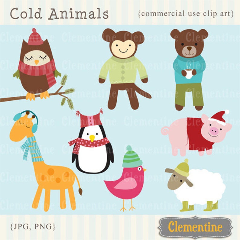 May include: A set of eight cartoon animals wearing winter clothing. The animals include an owl, monkey, bear, giraffe, penguin, bird, pig, and sheep. The animals are all wearing hats, scarves, and sweaters. The background is a light blue color.