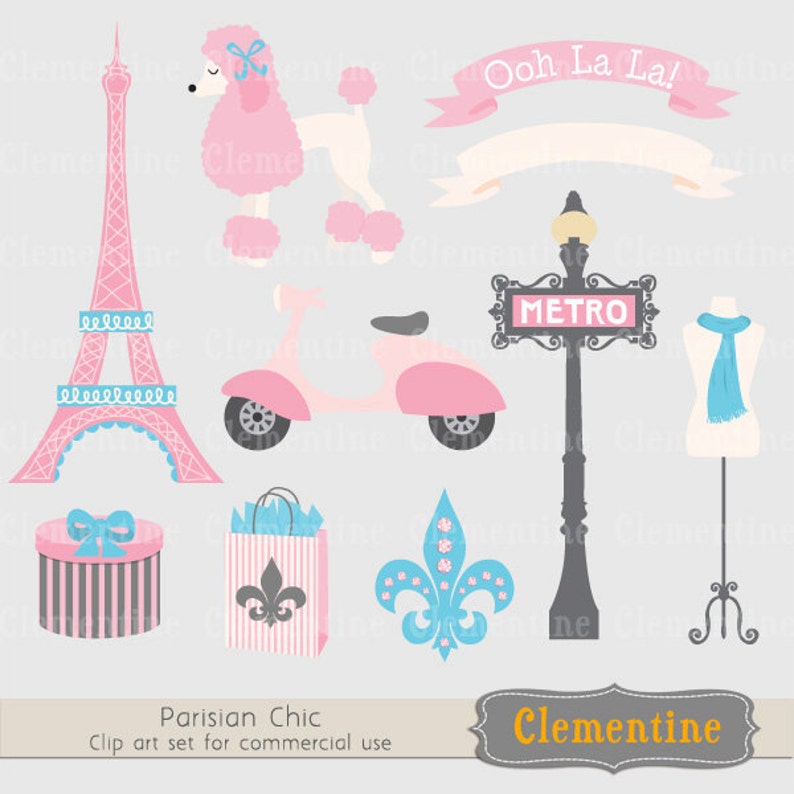 May include: A set of Parisian-themed clip art images, including a pink poodle, a pink scooter, a gray Eiffel Tower, a gray street lamp with a sign that says "METRO", a blue scarf on a white mannequin, a pink gift box with a blue bow, a pink shopping bag with a white fleur-de-lis, a blue fleur-de-lis, and two banners that say "Ooh La La!" in pink and white.