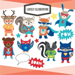 Woodland superhero clip art, woodland clipart,  woodland animals clip art- Instant Download