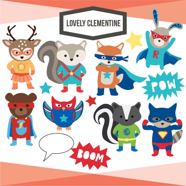 Woodland superhero clip art, woodland clipart,  woodland animals clip art- Instant Download