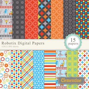 Robot digital paper 12x12, digital scrapbook paper, commercial use Instant Download image 1