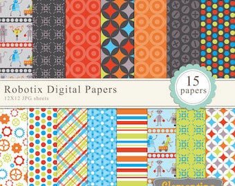 Robot digital paper 12x12, digital scrapbook paper, commercial use- Instant Download