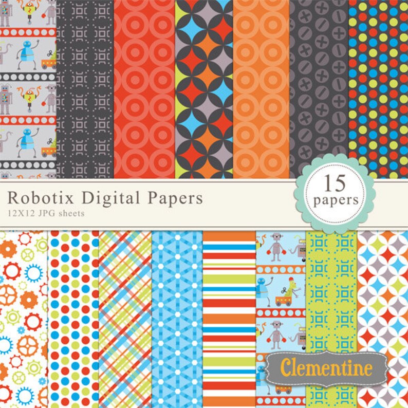 Robot digital paper 12x12, digital scrapbook paper, commercial use Instant Download image 1