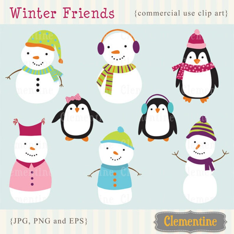 Op de afbeelding: Een set van acht winterse clip art-afbeeldingen met sneeuwpoppen en pingu&iuml;ns. De sneeuwpoppen dragen kleurrijke hoeden en sjaals, terwijl de pingu&iuml;ns hoeden, sjaals en oorwarmers dragen. De afbeeldingen zijn perfect voor gebruik in winterse knutselprojecten, projecten en ontwerpen.