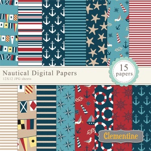May include: A set of 15 digital papers with nautical themes. The papers feature various patterns including anchors, stars, stripes, and nautical flags. The papers are 12x12 inches and are perfect for scrapbooking, card making, and other craft projects.