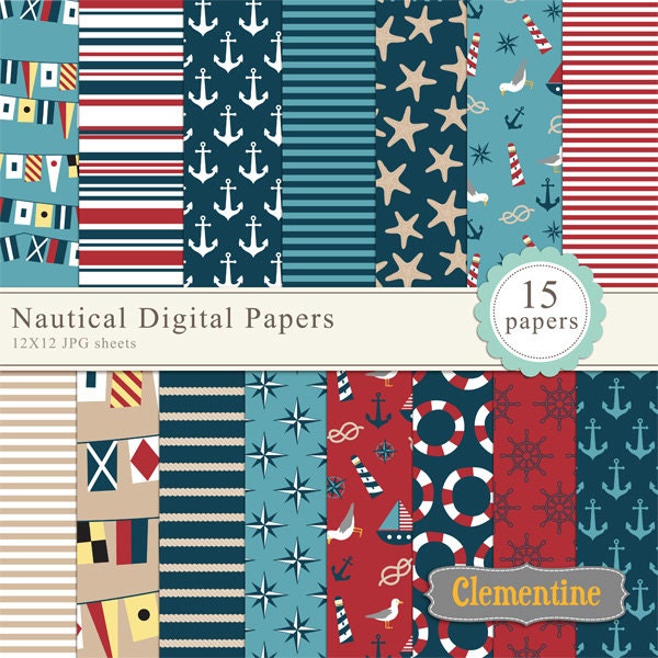 Nautical scrapbook paper 12x12, nautical digital scrapbooking paper, royalty free- Instant Download