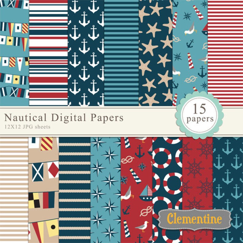Nautical Scrapbook Paper 12x12, Nautical Digital Scrapbooking Paper