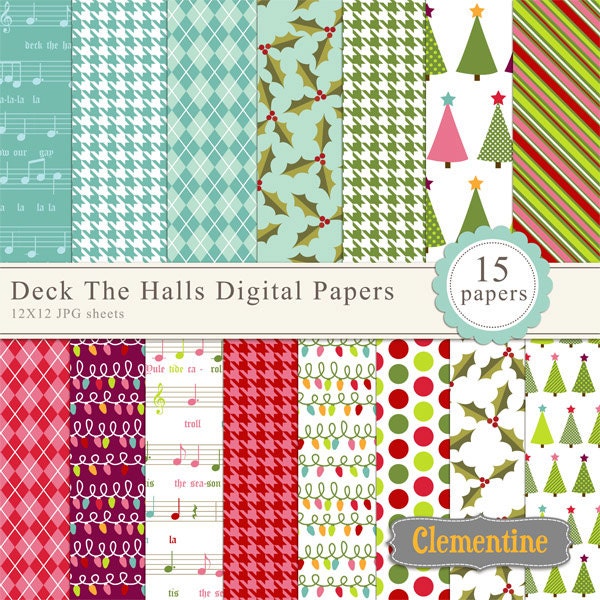 Deck the Halls Christmas digital paper, christmas digital scrapbooking paper 12x12, royalty free paper- Instant Download