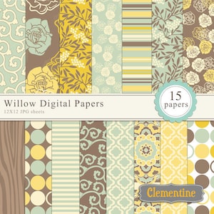 May include: A set of 15 digital papers in a yellow, brown, and blue color scheme. The papers feature various patterns, including floral, geometric, and polka dots. The text "Willow Digital Papers" and "12X12 JPG sheets" is at the top of the image. The text "15 papers" is in a circle at the top right of the image. The text "Clementine" is at the bottom right of the image.