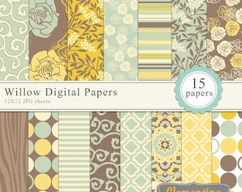 Willow digital papers, floral digital paper, royalty free commercial use- Instant Download