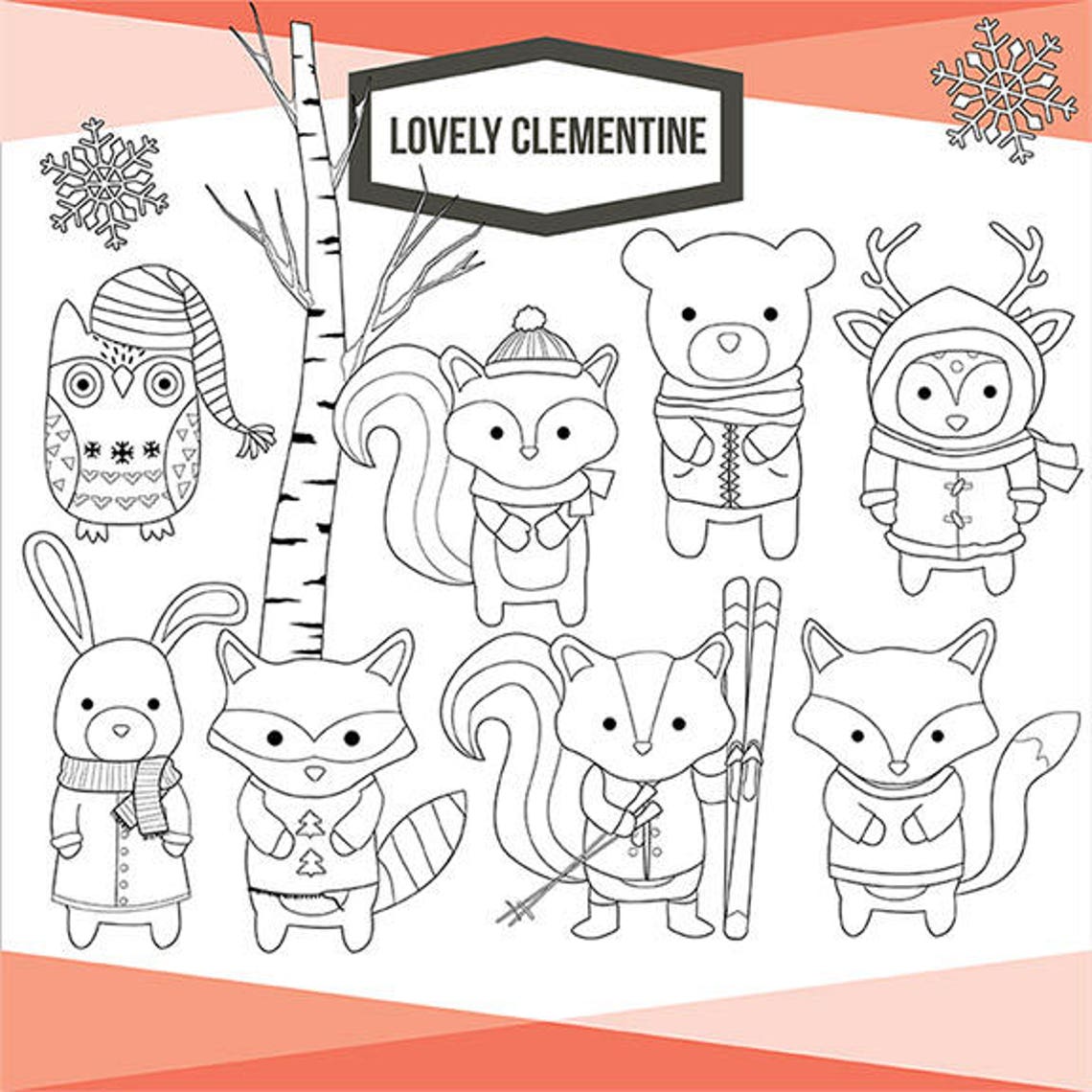 Winter Woodland Animals Clip Art Images and Digital Stamps, Woodland