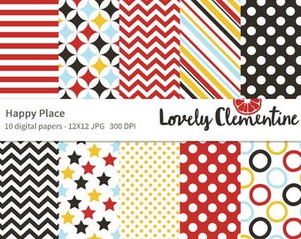 Happy place papers 12x12,  mouse digital papers, royalty free- Instant Download