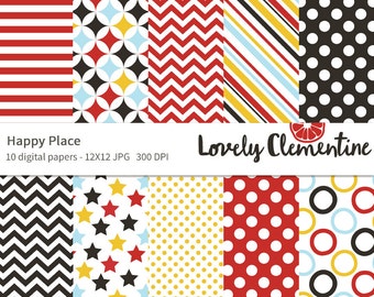 Puede incluir: Diez diseños de papel digital en un esquema de color rojo, blanco, negro, amarillo y azul. Los diseños incluyen rayas, lunares, estrellas, círculos y zigzags. El texto "Happy Place" y "Lovely Clementine" está en la parte superior de la imagen.