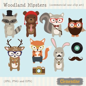 May include: A set of 10 woodland animal illustrations with hipster accessories. The animals include a raccoon, bear, squirrel, owl, deer, fox, rabbit, a record, a camera, and a mustache. The animals are wearing glasses, bow ties, scarves, and suspenders.