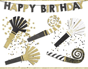 Black and gold  birthday clip art images,  confetti clip art,  party clip art, instant download