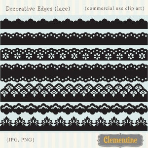 Puede incluir: Seis bordes decorativos de encaje negro y blanco con diferentes patrones. Los bordes están sobre un fondo azul claro con rayas blancas. El texto "Decorative Edges (lace)" y "{commercial use clip art}" está en la parte superior de la imagen. El texto "{JPG, PNG}" está en la parte inferior izquierda de la imagen. El texto "Clementine" está en la parte inferior derecha de la imagen.