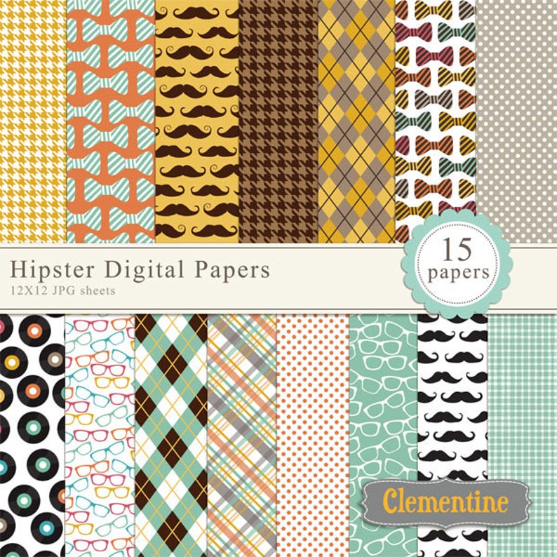 Hipster digital paper 12x12, digital scrapbooking paper, royalty free Instant Download image 1