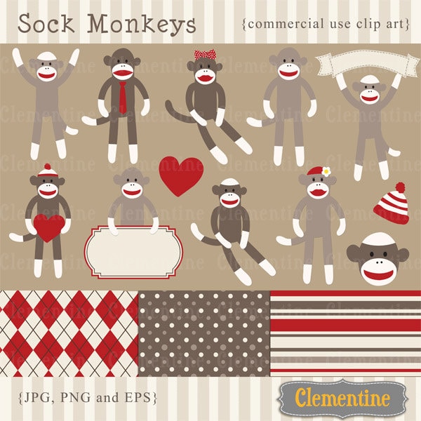 Sock monkey clip art images,  sock monkey clipart, sock monkey vector, royalty free clip art- Instant Download