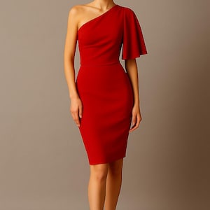Formal Evening Red Party Dress  | One-Shoulder Red Cocktail Midi Dress