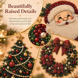 Peut inclure: Une œuvre d'art décorative en perles représentant le Père Noël, un sapin de Noël et une couronne. Le texte indique Beautifully Raised Details et Intricate pearl beads and shimmering accents that bring every piece to life. Perles rouges, vertes et blanches.