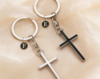 Personalized Cross Initial Keychain, Custom Engraved Keyring, Lucky Cross Gift, Best Friend Gift, Bridesmaid Groomsmen Gift, Christian Gift