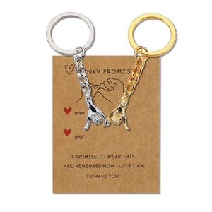 May include: Two keyrings with interlocking finger charms, one silver and one gold, connected to key rings. The keyrings are attached to a brown card with the text "PINKY PROMISE", "mine", "your", and a promise to wear it.