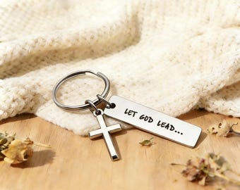 Let Go and Let God, Personalized Cross Keychain, Custom Engraved Any Text Keychain, Christian Cross Charm Keychain, Faith Gift