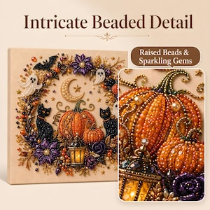 May include: A square wall art piece featuring a beaded Halloween scene with two black cats, orange pumpkins, a crescent moon, ghosts, and a lantern. The text reads Intricate Beaded Detail and Raised Beads & Sparkling Gems. The design uses colourful beads.