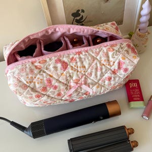 Pink Floral Pattern Hair Tool Bag, Dyson Airwrap/Airstrait Bag, Travel Case Dyson Quilted Organizer Bag, Cotton Travel Bag, Gift For Her