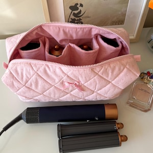 Pink Ribbon Polko Dot Hair Tool Bag, Dyson Airwrap/Airstrait Bag, Quilted Organizer Bag, Cotton Travel Bag, Women Bag, Cute Gift For Friend