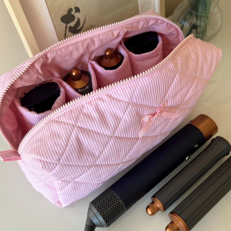 🎀Free Personalization🎀Pink Striped Hair Tool Organizer Bag, Dyson Airwrap/Airstrait Bag, Best Travel Gift, Cotton Hair Tool Bag, Gift For Friend,Dyson Airwrap Bag