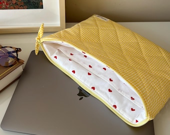 Butter Yellow Laptop Sleeve, Yellow Gingham Zippered Laptop Case, Case for 13-16 inch, Puffy MacBook Sleeve, College Gift, Best for Work