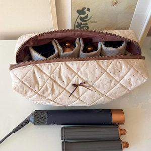 Brown Ribbon Polko Dot Hair Tool Bag, Dyson Airwrap/Airstrait Bag, Quilted Organizer Bag, Cotton Travel Bag, Women Bag, Cute Gift For Friend