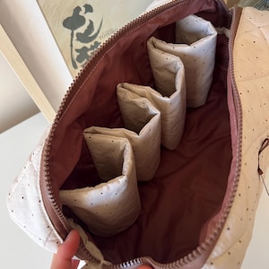 Pu&ograve; includere: Borsa cosmetica trapuntata beige aperta con cerniera e interno marrone. L'interno presenta diversi scomparti beige con pois neri. La borsa &egrave; progettata per organizzare il trucco o gli articoli da toeletta.