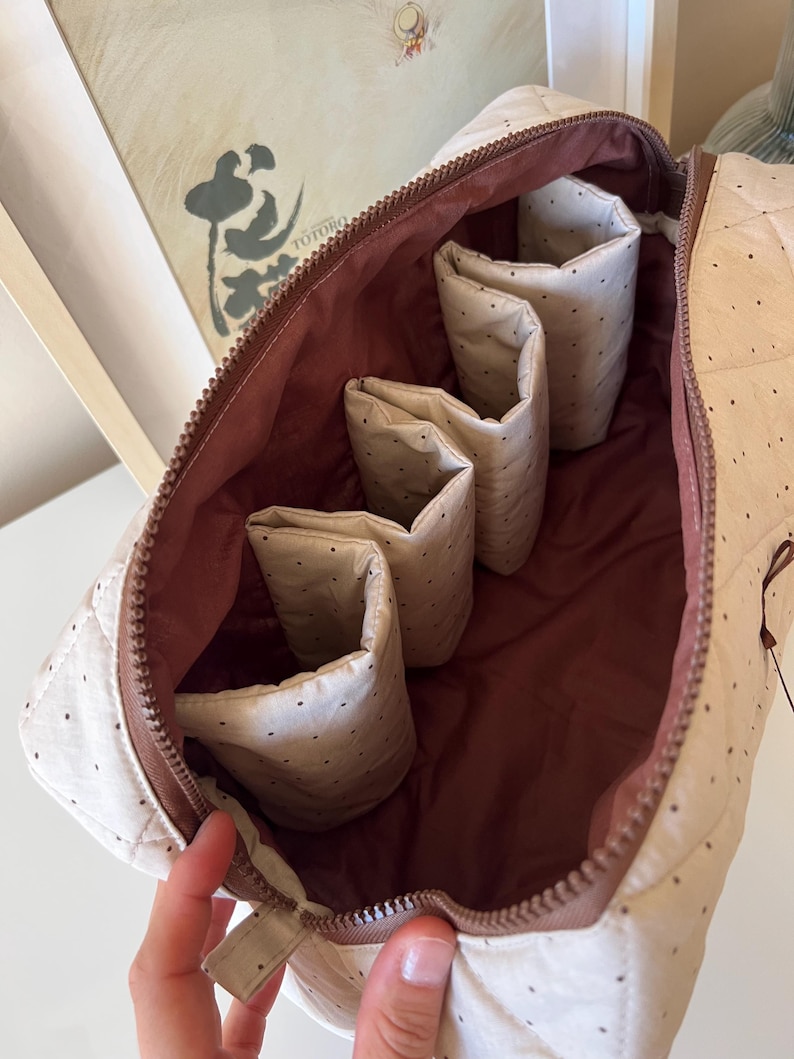 Pu&ograve; includere: Borsa cosmetica trapuntata beige aperta con cerniera e interno marrone. L'interno presenta diversi scomparti beige con pois neri. La borsa &egrave; progettata per organizzare il trucco o gli articoli da toeletta.