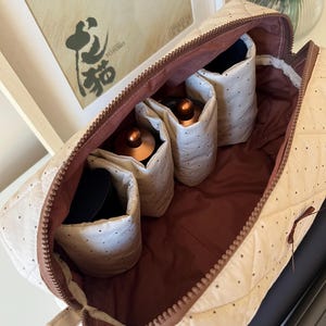 Pu&ograve; includere: Un beauty case trapuntato beige con cerniera e interno marrone. La borsa &egrave; aperta, rivelando diversi piccoli contenitori in tessuto bianco a pois contenenti vari prodotti cosmetici. La borsa ha una forma rettangolare.