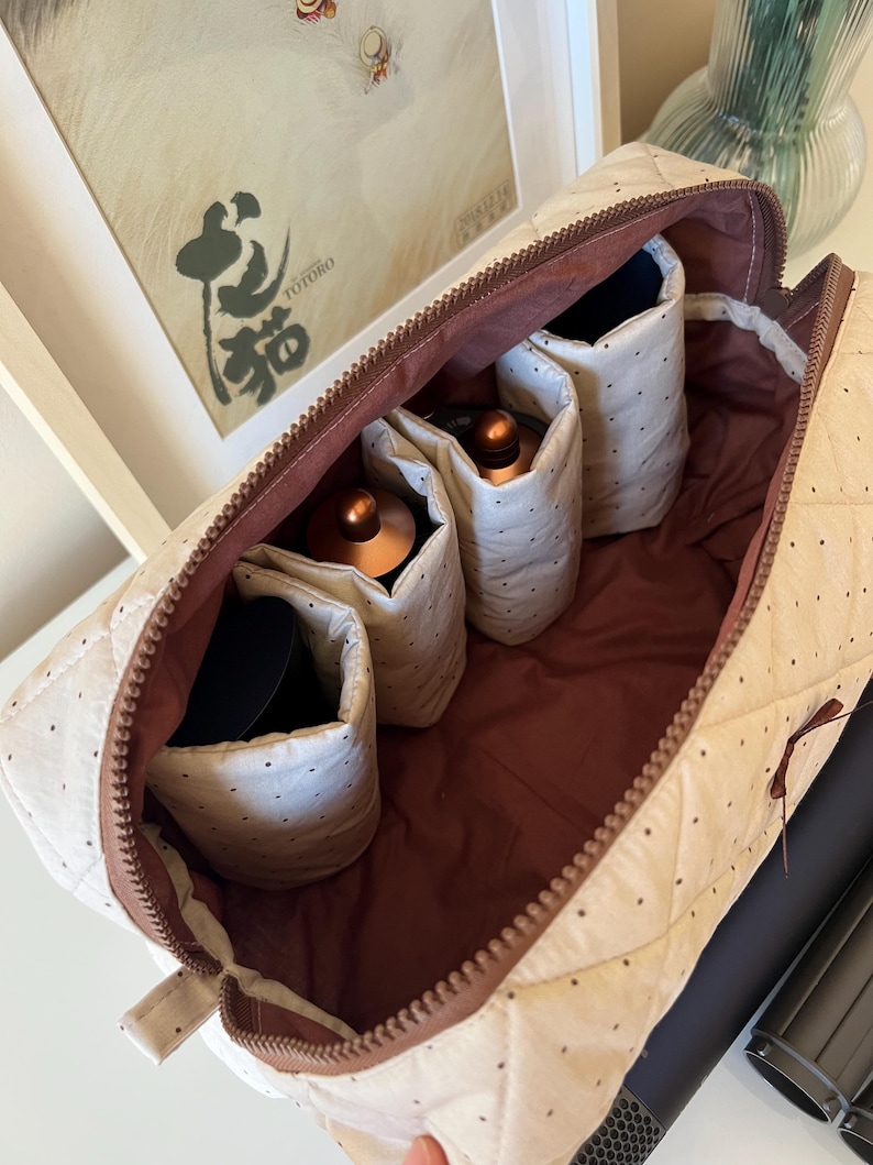 Pu&ograve; includere: Un beauty case trapuntato beige con cerniera e interno marrone. La borsa &egrave; aperta, rivelando diversi piccoli contenitori in tessuto bianco a pois contenenti vari prodotti cosmetici. La borsa ha una forma rettangolare.