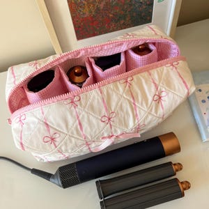 Pink Ribbon Pattern Hair Tool Bag, Dyson Airwrap/Airstrait Bag, Quilted Organizer Bag, Cotton Travel Bag, Hairtool Dyson Case, Cute Gift